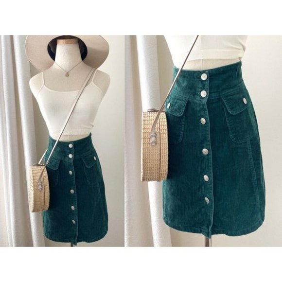 Women’s Vintage 90s Emerald Green Corduroy Button Front Skirt Academia Aesthetic - Picture 1 of 8